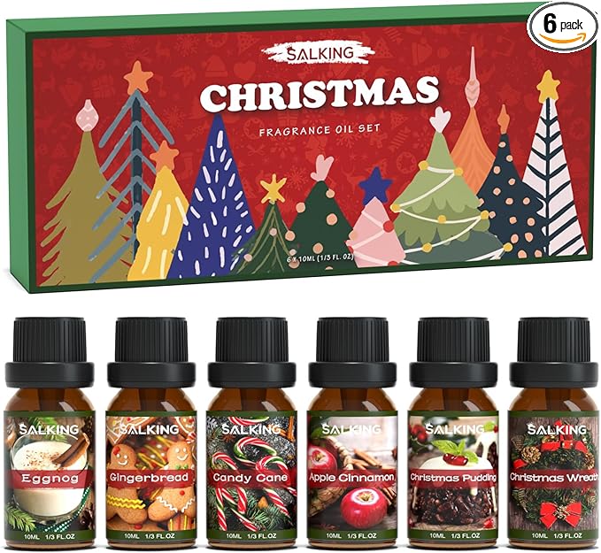 SALKING Christmas Fragrance Oils, Premium Essential Oil for Diffuser, Scented Oil Gift Set for Soap Candle Making - Christmas Wreath, Apple Cinnamon, Gingerbread, Candy Cane, Christmas Pudding, Eggnog