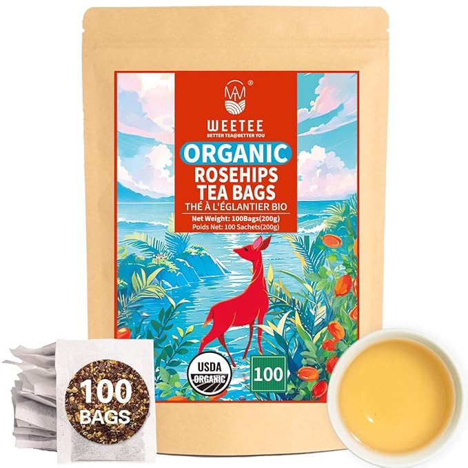 WT WEETEE Organic Rosehips Tea Bags, Made with 100% Natural & Pure Crushed Rose Hips, Natural Caffeine-free Herbal Tea 2g x 100 Counts