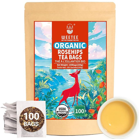 WT WEETEE Organic Rosehips Tea Bags, Made with 100% Natural & Pure Crushed Rose Hips, Natural Caffeine-free Herbal Tea 2g x 100 Counts