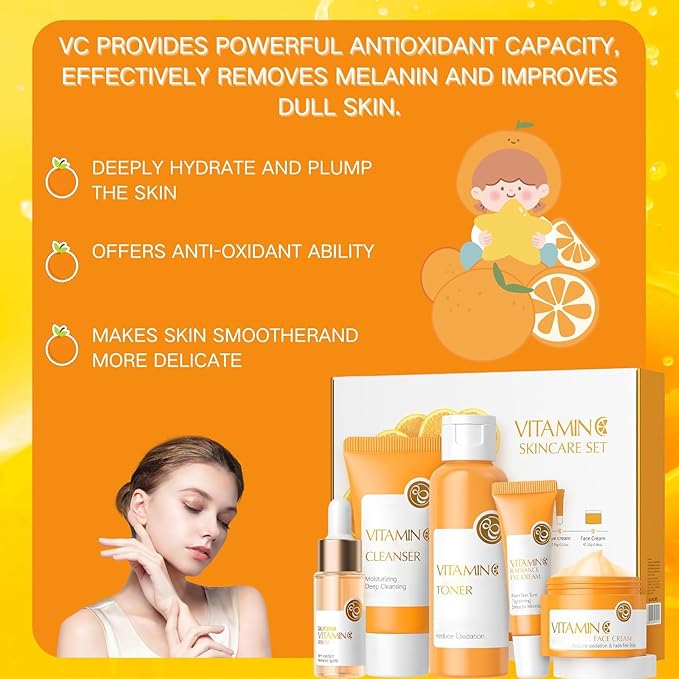 Vitamin C Skincare Set, 5Pcs Skincare Gift Set With Cleanser, Toner, Face Serum, Face Cream, And Eye Cream, Facial Kit for Women, 5-In-1 Skin care Gift Set, Moisturizing Skincare Set For Women Men