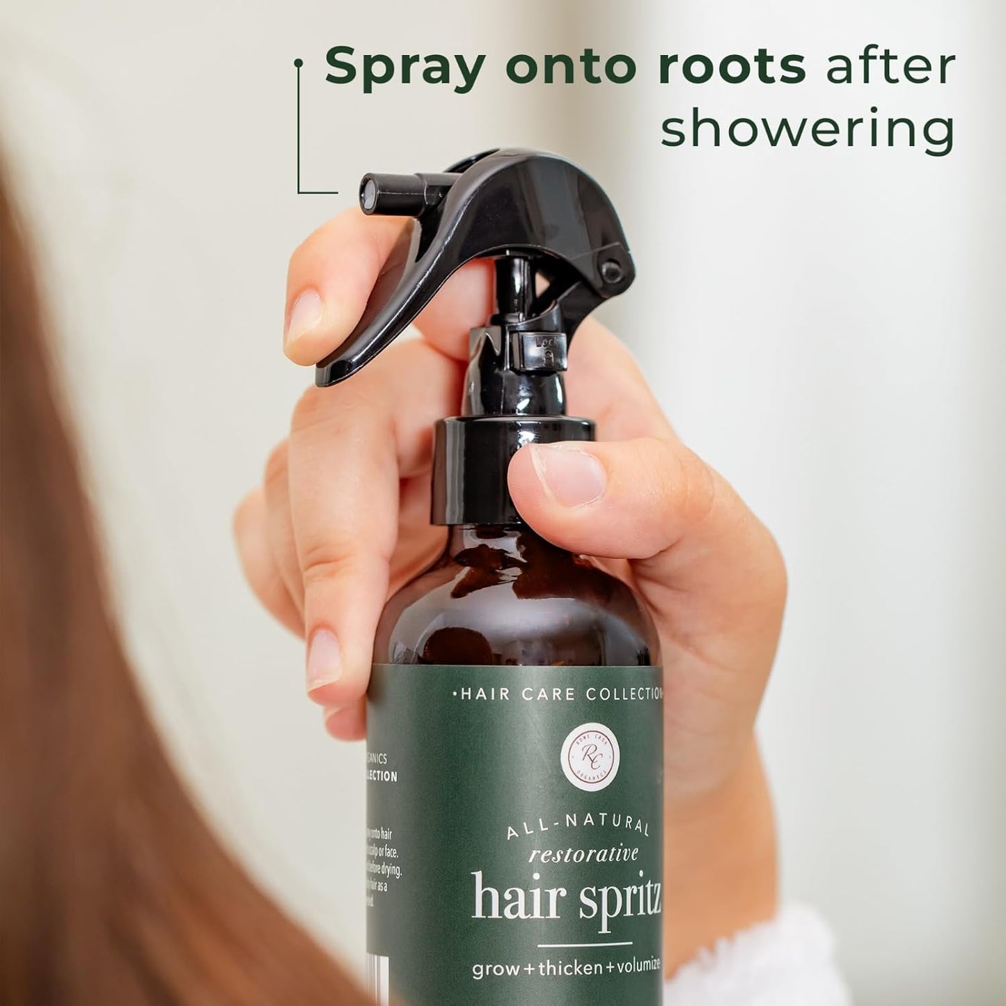 Rowe Casa Organics Natural Restorative Hair Spritz with Witch Hazel & Therapeutic Essential Oils, Hand-Crafted Hair Volumizer, Thickener, & Growth Booster, 8 Fl. Oz.