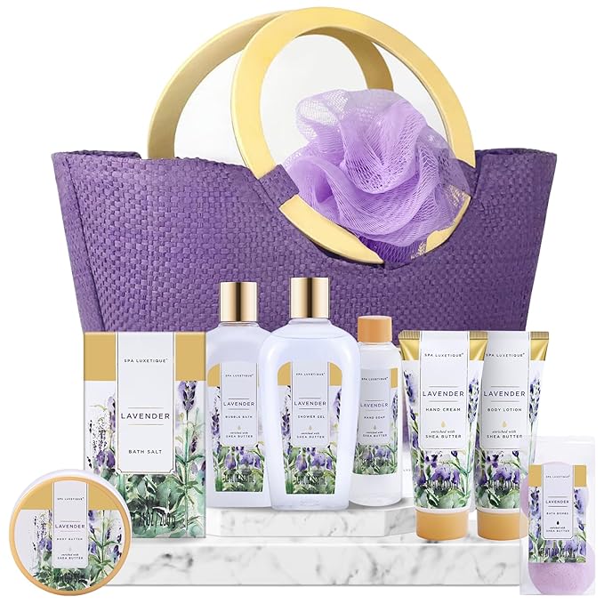 Spa Luxetique Gift Baskets for Women, Spa Gifts for Women - 10pcs Lavender Gift Sets with Body Lotion, Bubble Bath, Relaxing Bath Sets, Mothers Day Gifts for Mom