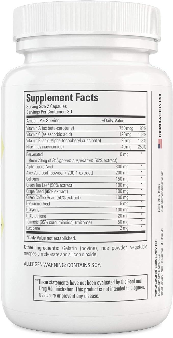 Healthy Skin Anti-Aging Supplement w/Hyaluronic Acid, Trans Resveratrol, Collagen & Alpha Lipoic Acid – Anti Wrinkles Supplement Protects, Rejuvenates & Increases Skin Elasticity (60 Capsules)