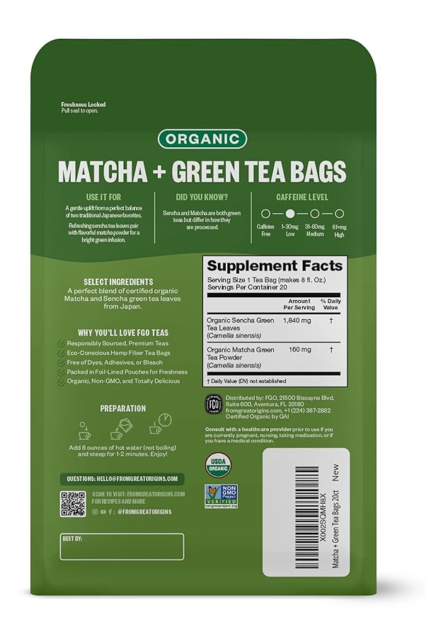 FGO Organic Japanese Matcha + Green Tea, 20 Count, Eco-Conscious Tea Bags, Resealable Bag, Packaging May Vary (Pack of 1)