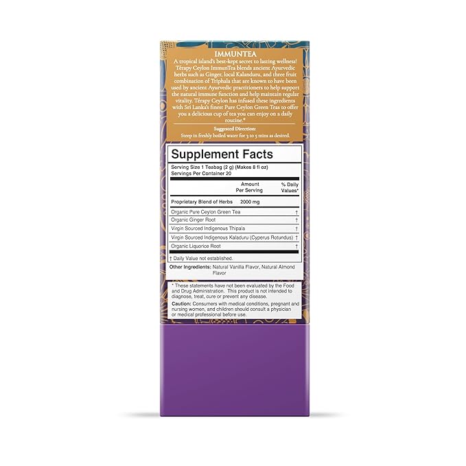 Térapy Ceylon ImmunTea Organic Tea Bags | All Natural Herbal Ingredients | Eco-friendly & Unbleached Pure Herb Tea Bags- Premium Individually Wrapped Herbal Tea Bags- 20 Count Tea Bags, 1.41oz(40g)