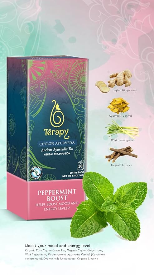 Térapy Ceylon Peppermint Tea | All Natural Herbal Ingredients | 100% Organic Peppermint Tea Bags Individually Wrapped | Eco-friendly & Unbleached Herbal Tea Bags | 20 Count