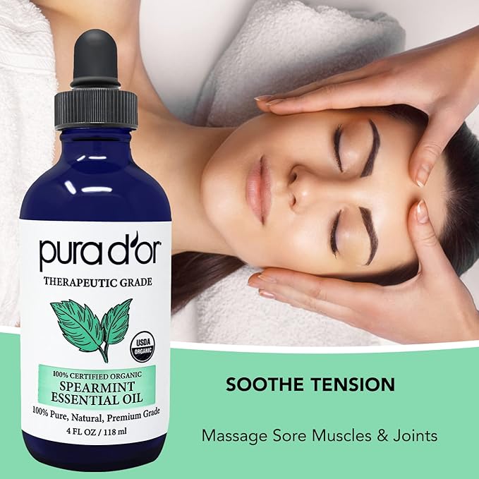 PURA D'OR Organic Spearmint Essential Oil (4oz with Glass Dropper) USDA Certified 100% Pure & Natural Therapeutic Grade Diffuser for Aromatherapy, Focus, Concentration, Mood Uplift