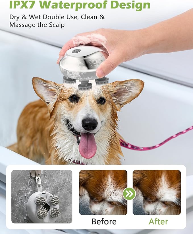 KeeKit Electric Pet Massager, Handheld Scalp Massager for Cats and Dogs, Cordless Cat Massage Tool with IPX7 Waterproof, 4 Silicone Heads, 3 Kneading Modes for Hair Growth, Deep Clean and Stress Relax