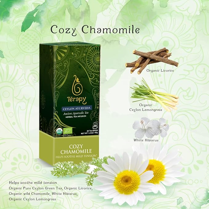 Térapy Ceylon CHAMOMILE TEA | USDA Organic Herbal Tea Bags | 100% Natural Ayurvedic Ingredients including Organic Chamomile, Ashwagandha, Cinnamon & Licorice| 20 Individually Wrapped Tea Bags