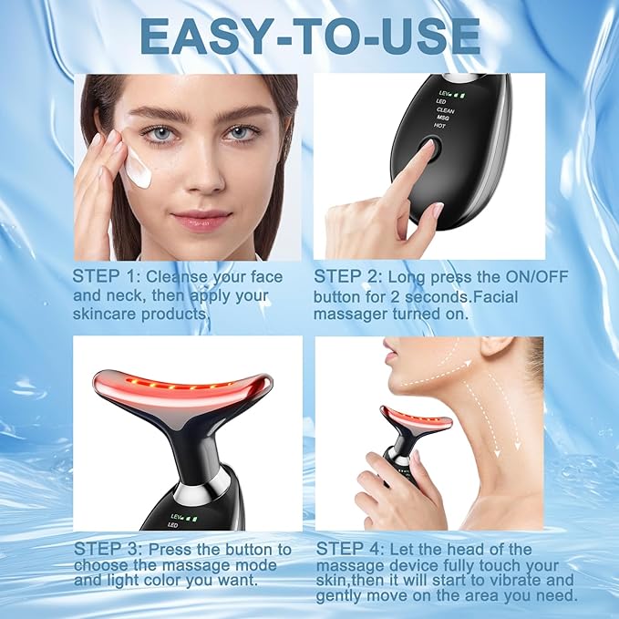 Facial and Neck Massager,Face Tool with 3 Colour Modes and Vibration,Facial Beauty Device for Skin Care (Black)
