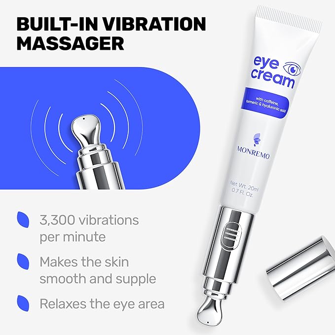 Under Eye Cream with Caffeine, Turmeric & Hyaluronic Acid | Vibrating Applicator & Snail Mucin | Anti-Aging Treatment to Reduce Wrinkles, Dark Circles, Puffiness, Bags Intense Hydration 0.7 oz