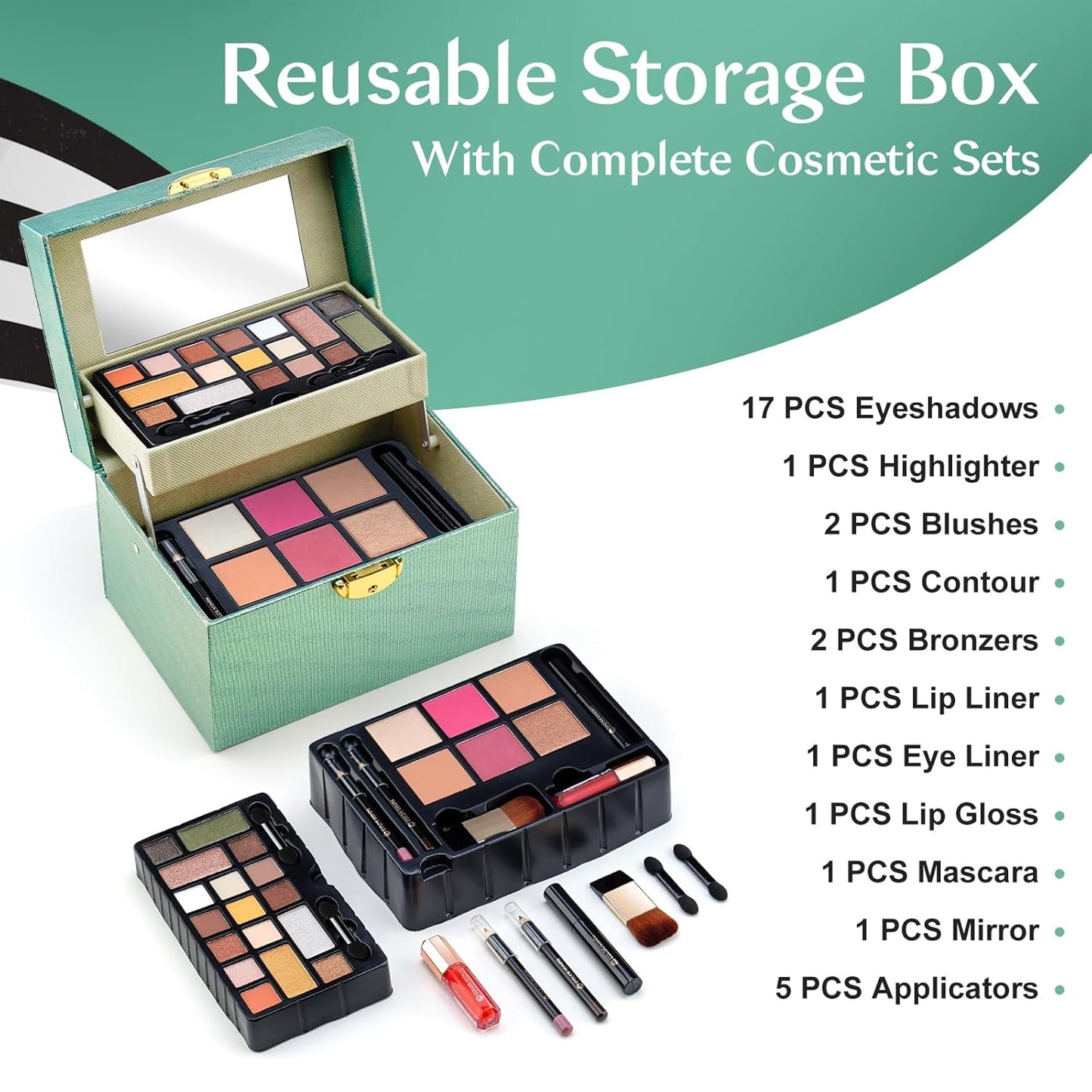 Color Nymph Beginner Makeup Kit For Teens, Girls Makeup kits With Recyclable And Key-Lockable Cabinet Included 17-Colors Eyeshadows Blushes Bronzer Highlighter Lipstick Brushes Mirror(Green)