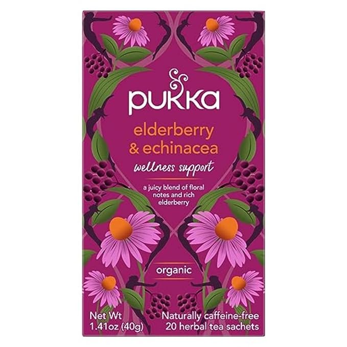 Pukka Organic Tea Bags, Elderberry & Echinacea Herbal Tea, Perfect for Wellness Support, Caffeine Free, 20 Count (Pack of 4) 80 Bags