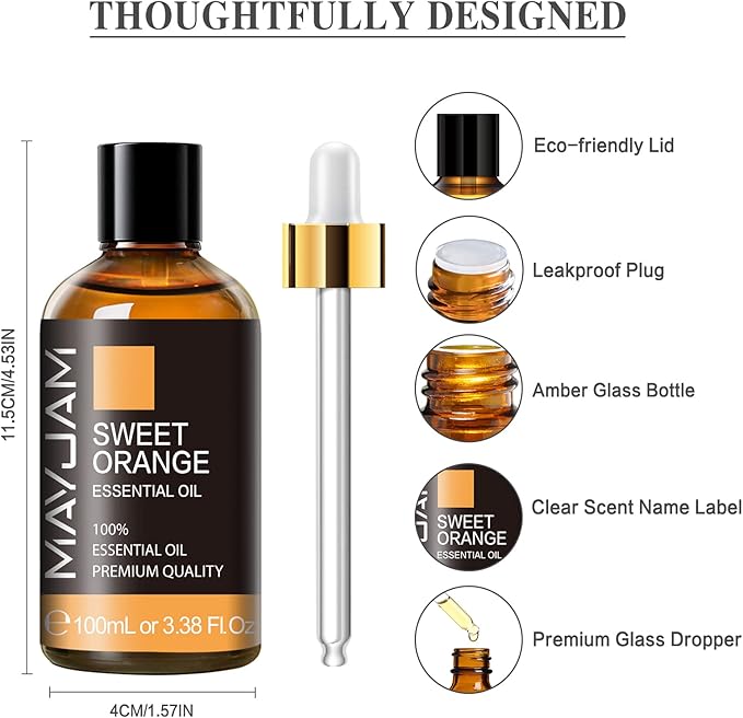 Sweet Orange Essential Oil, MAYJAM 100ml Premium Quality Sweet Orange Oil with Glass Dropper, Huge 3.38fl. oz, Perfect for Aromatherapy and Relaxation