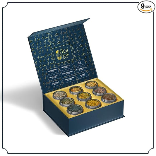 Tea Leaf & Co. Harmony Pure Delight 9 Pack Premium Tea Gift Combo Box (Classic, Tulsi Ashwagandha, Lemon Ginger, Mint, Detox Kahwa, Turmeric Tulsi, Honey Lemon, Sweet Hibiscus & Green Chamomile) - 8Oz
