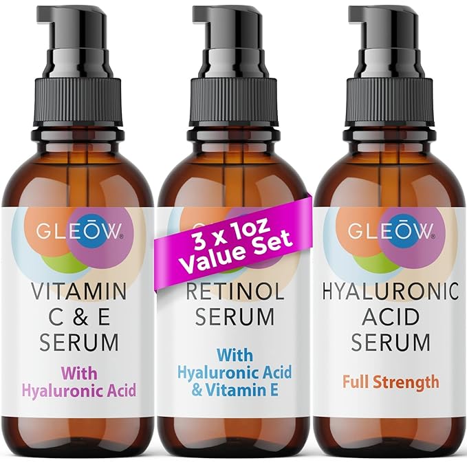 Retinol Serum for Face, Vitamin C with Hyaluronic Acid Face Serum for Women and Men, Glow Skin Care Set Total Package Targets Appearance of Uneven Skin Tone and Dryness 3x1oz