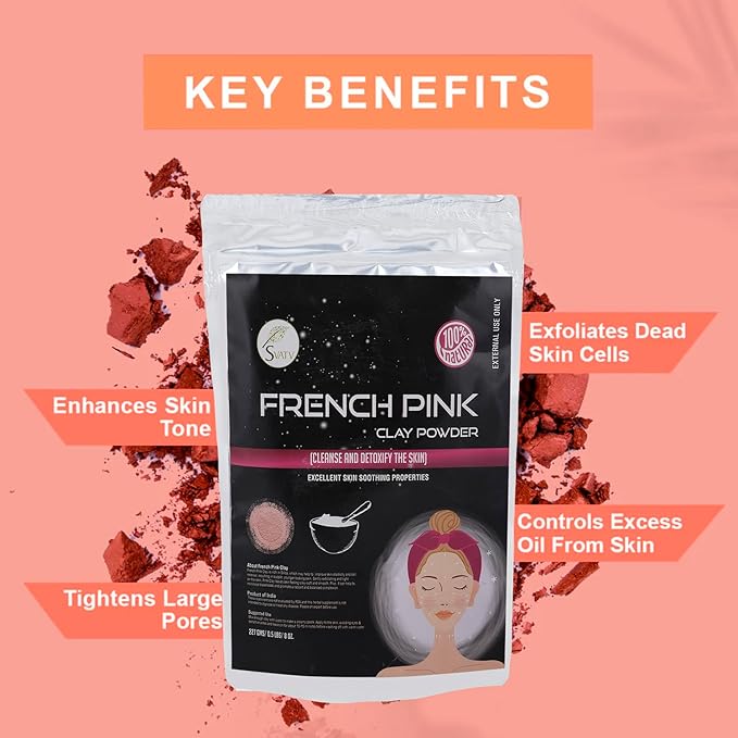 SVATV French Pink Clay | Montmorillonite Powder | Rose Clay | Hydrating & Rejuvenate Skin care Powder | Natural Face Mask | Used For Soap Making - 227 Gram, Half Pound, 8 Ounce.