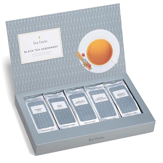 Tea Forte Black Tea Assortment Single Steeps Loose Leaf Premium Tea Gift Set Sampler, 15 Count 3 of Each Assorted Blends, Pre-Portioned Single Serve Pouches, Steeps 12 oz