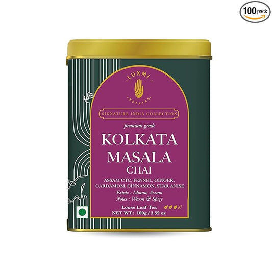 Luxmi Estates Kolkata Masala Chai | 100 gm | Signature India Collection | Assam CTC Tea | Black tea collection | Organic Strong tea | Antioxidants | Assam Valley tea | Fennel, Ginger Tea, Cardamom, Cinnamon, Star Anise