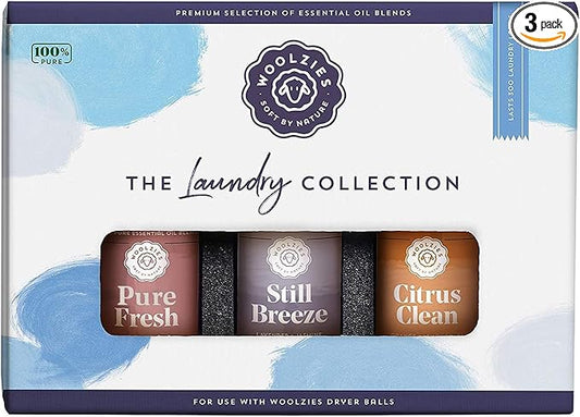 Woolzies Laundry Collection Essential Oil Set | 100% Pure Therapeutic Grade Aromatherapy Oil | Use with Wool Dryer Balls or Oil Diffuser | Gift Set Includes Pure Fresh, Still Breeze, Citrus Clean