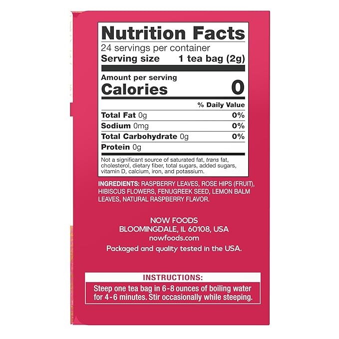 NOW Foods, Women's Righteous Raspberry Tea, Floral Bouquet of Raspberry Leaves, Hibiscus and Rose Hips, Caffeine-Free, Premium Unbleached Tea Bags with No-Staples Design, 24-Count