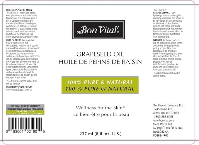 Bon Vital' Grapeseed Oil, 100% Pure Skin Toner and Massage Oil, For Hair Care, Aromatherapy, and Massage, Helps Reduce Wrinkles and Prevents Premature Aging, Skin Moisturizer, 8 Oz, Label may Vary
