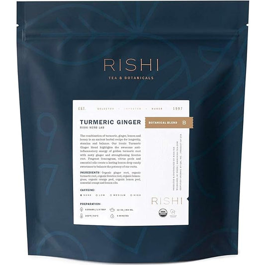 Rishi Tea Turmeric Ginger Herbal Tea - Organic Loose Leaf, Caffeine Free Ayurvedic Blend with Spicy Ginger & Citrus - 16 Ounces, 55+ Servings