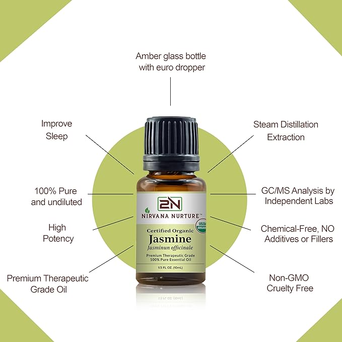 Jasmine Essential Oil USDA Certified Organic 100% Pure Premium Therapeutic Grade, Undiluted - Aromatherapy Diffuser for Calm and Relaxation, Skin Care, Hair Care