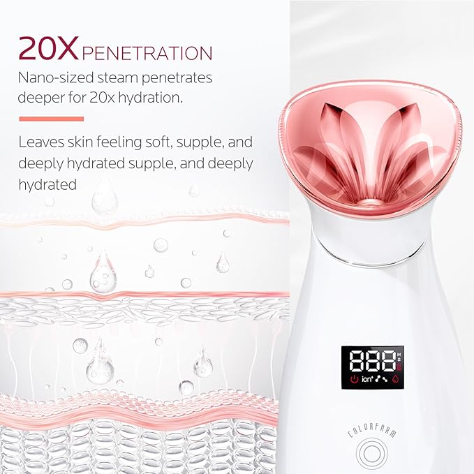Colorfarm Facial Steamer Nano Ionic: Smart Face Steamer Deep Cleaning Unclogs Pores - Humidifier Hot Mist Home Sauna Spa for Women Men with LCD Display Steam Timer