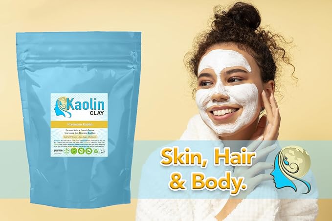 Pure Kaolin Clay - 100% Natural | 2.2 Pounds (1kg) | Smooth and Silky Texture, Easy Mixing, Perfect for Face, Body, and Bathbombs