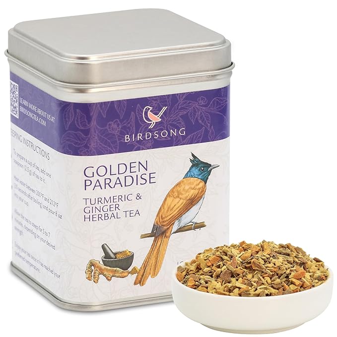 Birdsong Golden Paradise: Organic Turmeric and Ginger Herbal Teas with Lemongrass and Black Pepper, 100% Natural Caffeine Free Tea with Antioxidants Supports Overall Health, Decaffeinated Loose Leaf