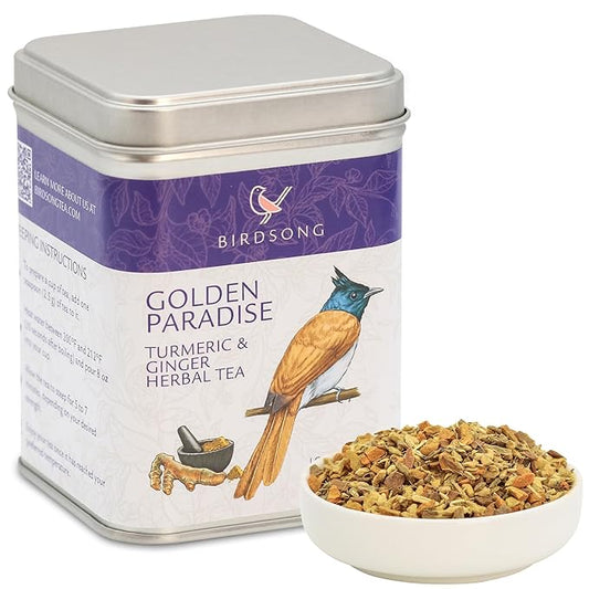 Birdsong Golden Paradise: Organic Turmeric and Ginger Herbal Teas with Lemongrass and Black Pepper, 100% Natural Caffeine Free Tea with Antioxidants Supports Overall Health, Decaffeinated Loose Leaf