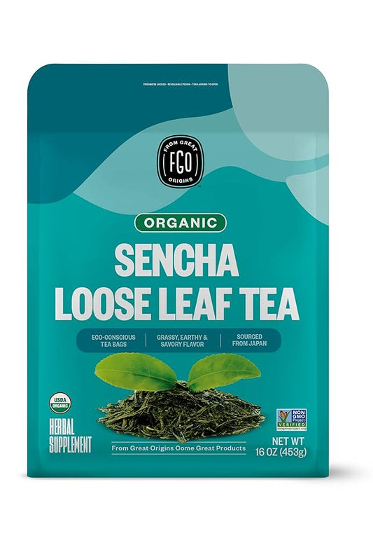 FGO Organic Sencha Green Tea, 16 Ounce Loose Leaf Bulk Resealable Bag, Sourced From Japan, Packaging May Vary (Pack of 1)