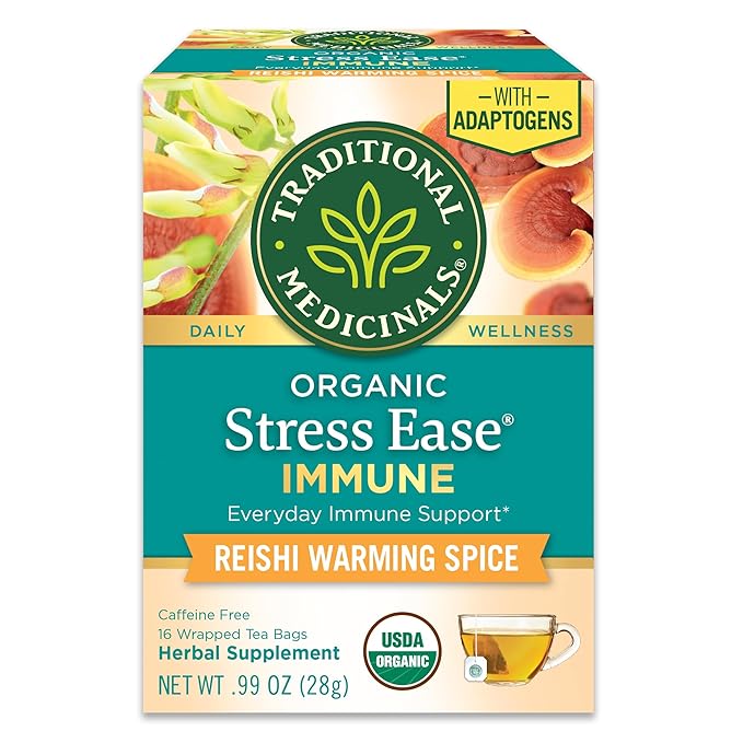 Traditional Medicinals Tea, Organic Stress Ease Immune with Adaptogens, Everyday Immune Support, Reishi Warming Spice, 16 Tea Bags