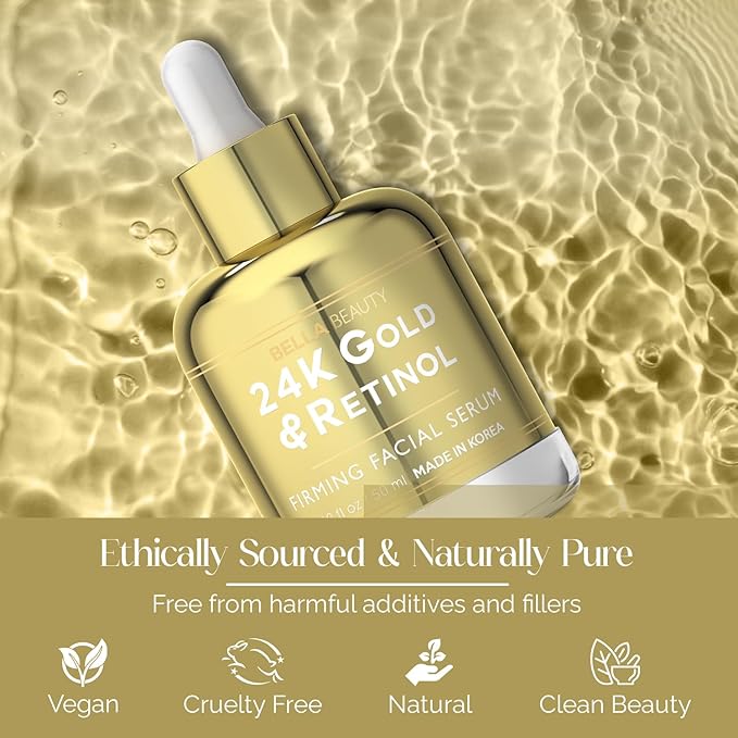 Bella Beauty 24K Gold & Retinol Face Serum - Reduces Age Spots, Fine Lines & Wrinkles, Lifting & Firming - Dermatologist Tested, Cruelty-Free Korean Skin Care for All Skin Types - 1.69 Fl. Oz
