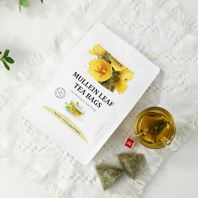 Premium 50 Mullein Leaf Tea Bags. Made with 100% Pure Mullein Leaves, for Lungs Cleanse and Respiratory Support, No Flavoring & No Additives & Caffeine Free.