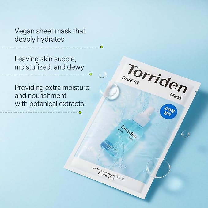 Torriden DIVE IN Hyaluronic Acid Facial Mask (10 sheets) | Extra Moisturizing Care | Hyaluronic Acid, Panthenol, Allantoin | Korean Face Mask
