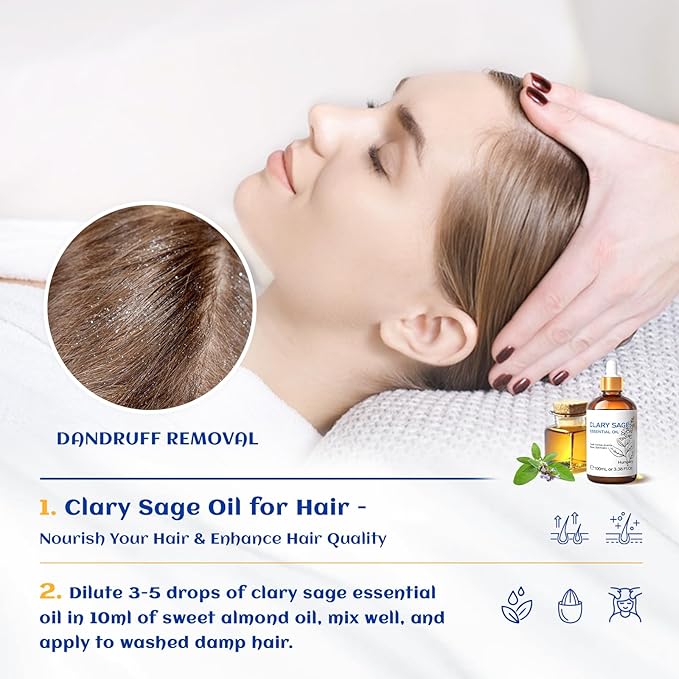 HIQILI Clary Sage Oil Essential, Herbal Sooth Aroma in Diffuse for Anxiety Relief, Meditation, Calming Sleep at Bedtime, Body Massage, Moisturize Skin, DIY Deodorant Spray - 100ML