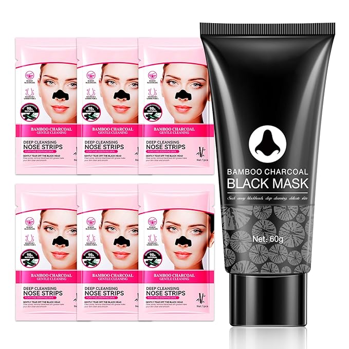 Charcoal Blackhead Remover Mask and 5 Pcs Blackhead Nose Strips,Gentle Nose Patches for Black Heads,Efficient Skincare Peel off Face Mask,Deep Cleansing Black Head Mask Set for All Skin Types