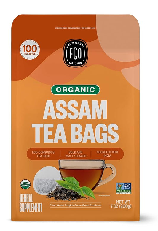 FGO Organic Assam Tea, 100 Count, Eco-Conscious Black Tea Bags, Resealable Bag, Packaging May Vary (Pack of 1)
