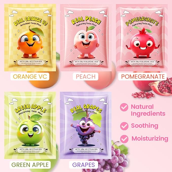 Kaely 10 Pack Fruit Face Masks for Kids, Kids Face Mask Spa Day kit Supplies, Spa Party Favors for Teens Girls Women, Sheet Facial Mask Skincare Gifts Set, Moisturize Soothe for All Skin Types, 01