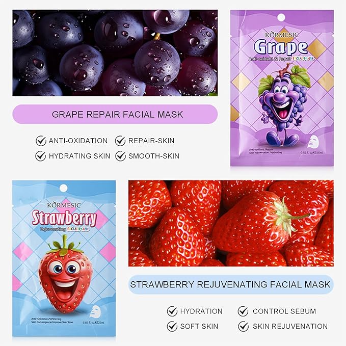 Fruit Face Mask, Facial Mask for Kids, Hydrating Face Masks Skincare Set, Sheet Masks Skin Care, Face Mask Set for Women Men Nourishing Skin, Birthday Party Spa Gift for Kids Teens Girls 7-Pack