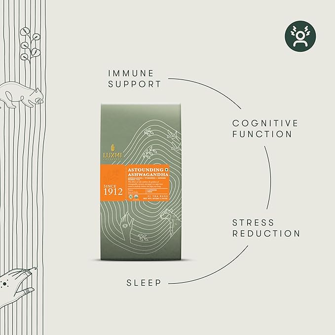 Luxmi Estates - Astounding Ashwagandha - Organic Ashwagandha Tea - 25 Tea Bags | With Ashwagandha, Turmeric, Ginger, Lemongrass & More | Perfect Stress Relief Tea