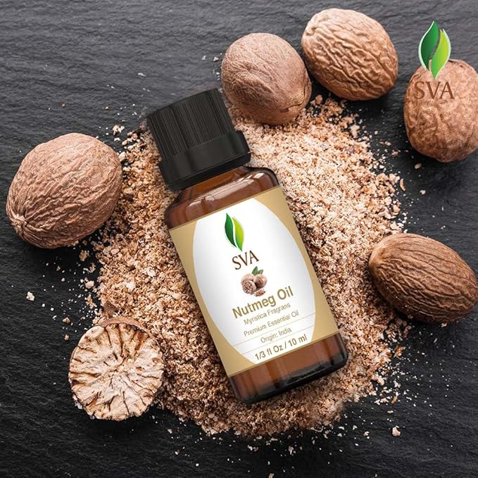 SVA Nutmeg Essential Oil – 1/3 Fl Oz – 100% Natural Nutmeg Oil - for Diffuser, Hair Care, Face, Skin Care, Aromatherapy, Scalp and Body Massage, Soap and Candle Making