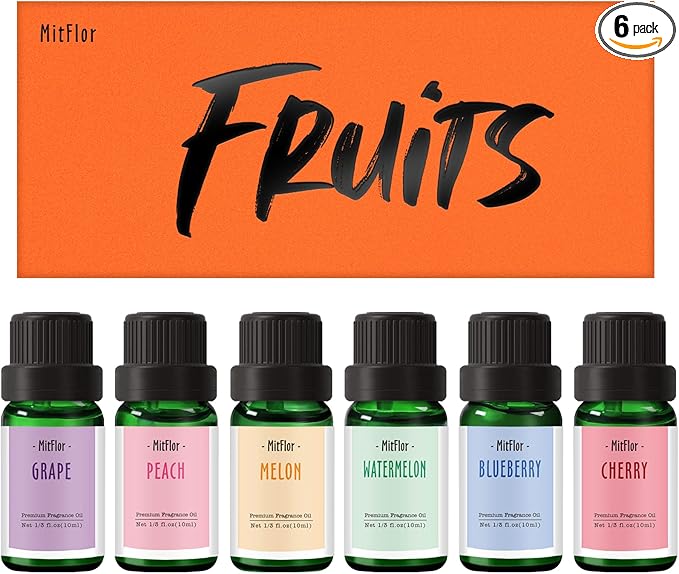 Fragrance Oil, MitFlor Premium Fruit Essential Oils Set, Fruity Scents for Soap & Candle Making, Summer Diffuser Oils, Refreshing & Long-Lasting, Peach, Cherry, Watermelon, Blueberry, Grape, Melon