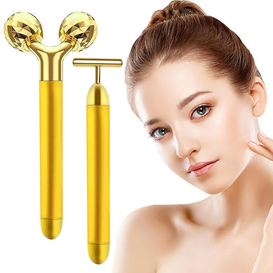 Face Massager Electric Skin Care Tool, 24k Golden T Shape Beauty Bar & 3D Roller Massager, Vibration Facial Lifting and Body Treatment Tool Kit, Reduce Puffiness Improve Wrinkles Anti Aging Device
