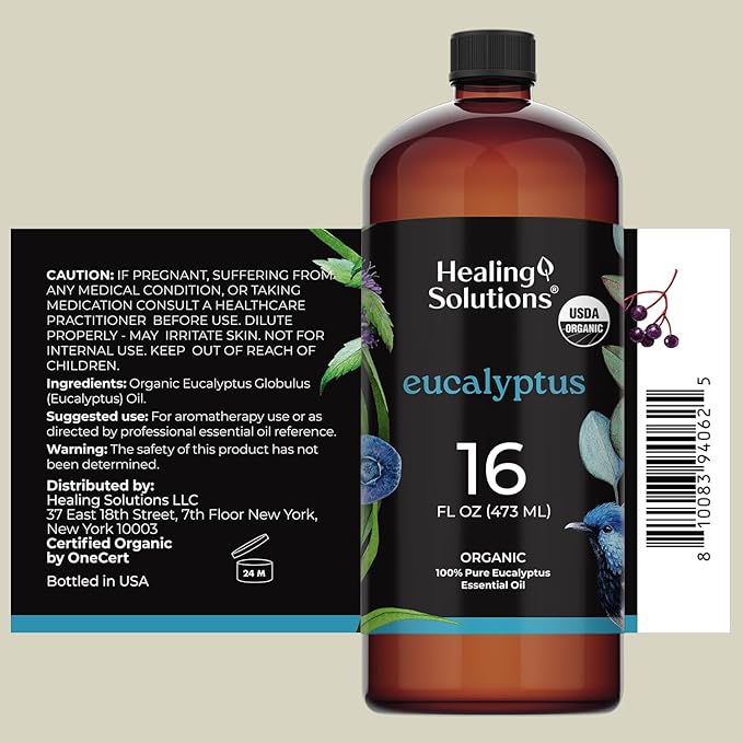 Healing Solutions Organic Eucalyptus Oil, Bulk 16oz - Natural Eucalyptus Scent - Large Bottle for Diffuser, Spray & More
