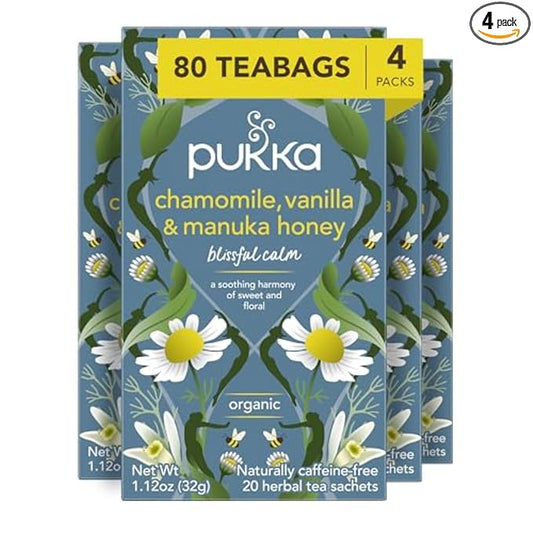 Pukka Calming Chamomile, Vanilla & Manuka Honey Organic Herbal Tea, Soothing Organic Tea Infusion Selection, Honey & Fennel Blend, Caffeine Free, 80 Total Bags (20ct - Pack of 4)