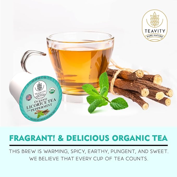 Organic Licorice Mint Tea Pods for Keurig - Natural Decaf Peppermint Tea by Teavity (36 Tea Pods)