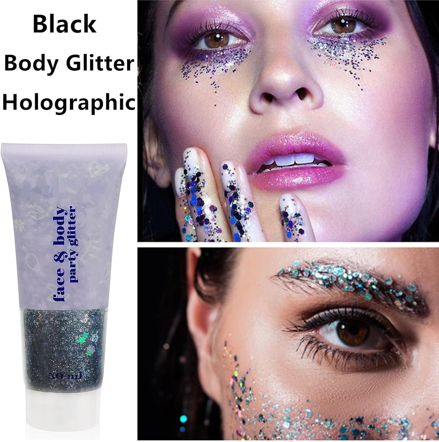 Go Ho Black Face Body Glitter,Halloween Face Paint Glitter Makeup,Holographic Chunky Sequins Glitters for Festival Cosplay SFX Costume,Festival Rave Accessories,Eye Black Glitter Gel